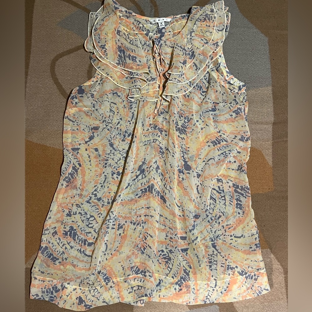 CAbi Peach splatter ruffle tank, S